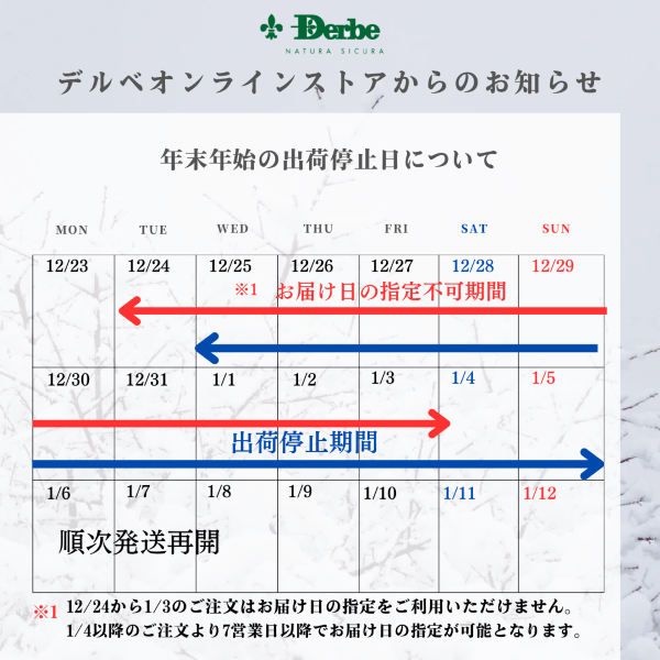 デルベオンラインストア年末年始出荷スケジュールについて